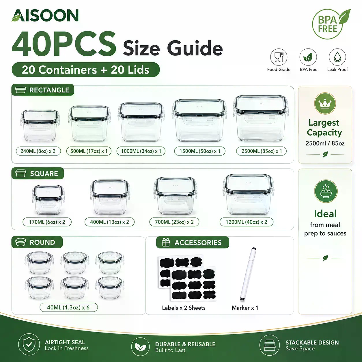 40-teiliges Set extra großer,  – Meal Prep Kitchen Bewertung und Preis